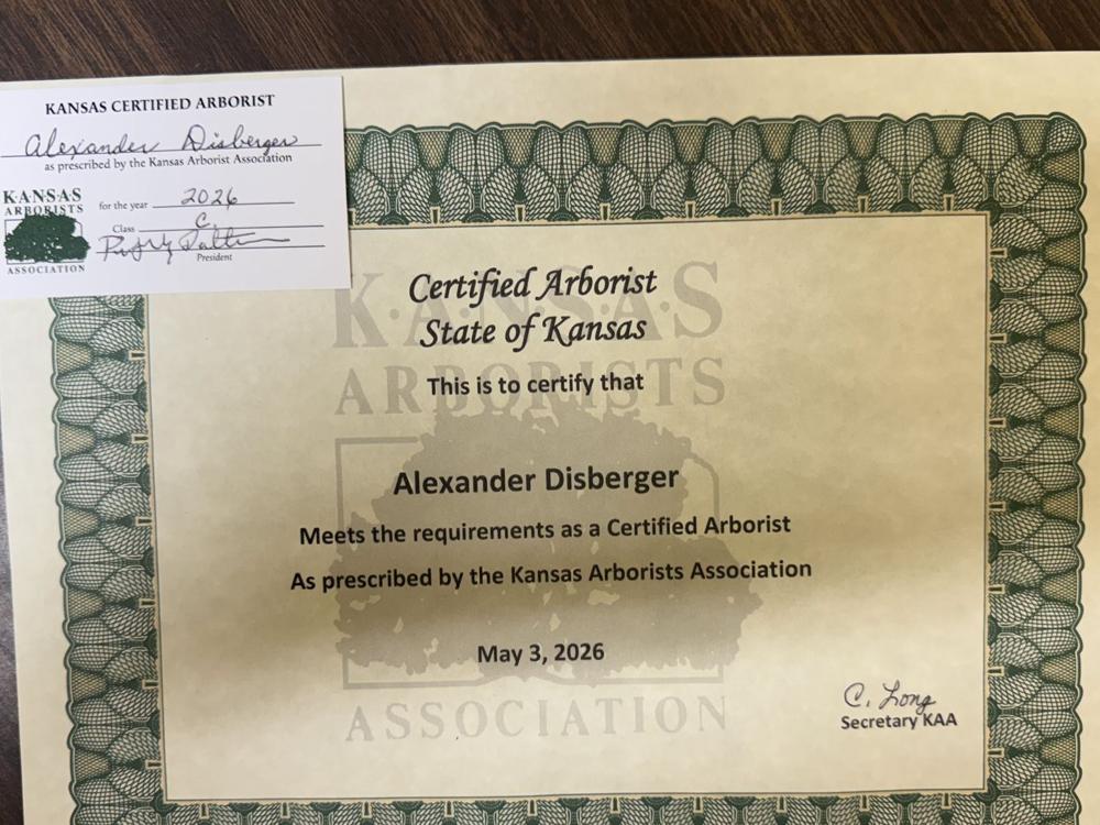 Alex Disberger's Certified Arborist certificate from the Kansas Arborists Association, May 2026